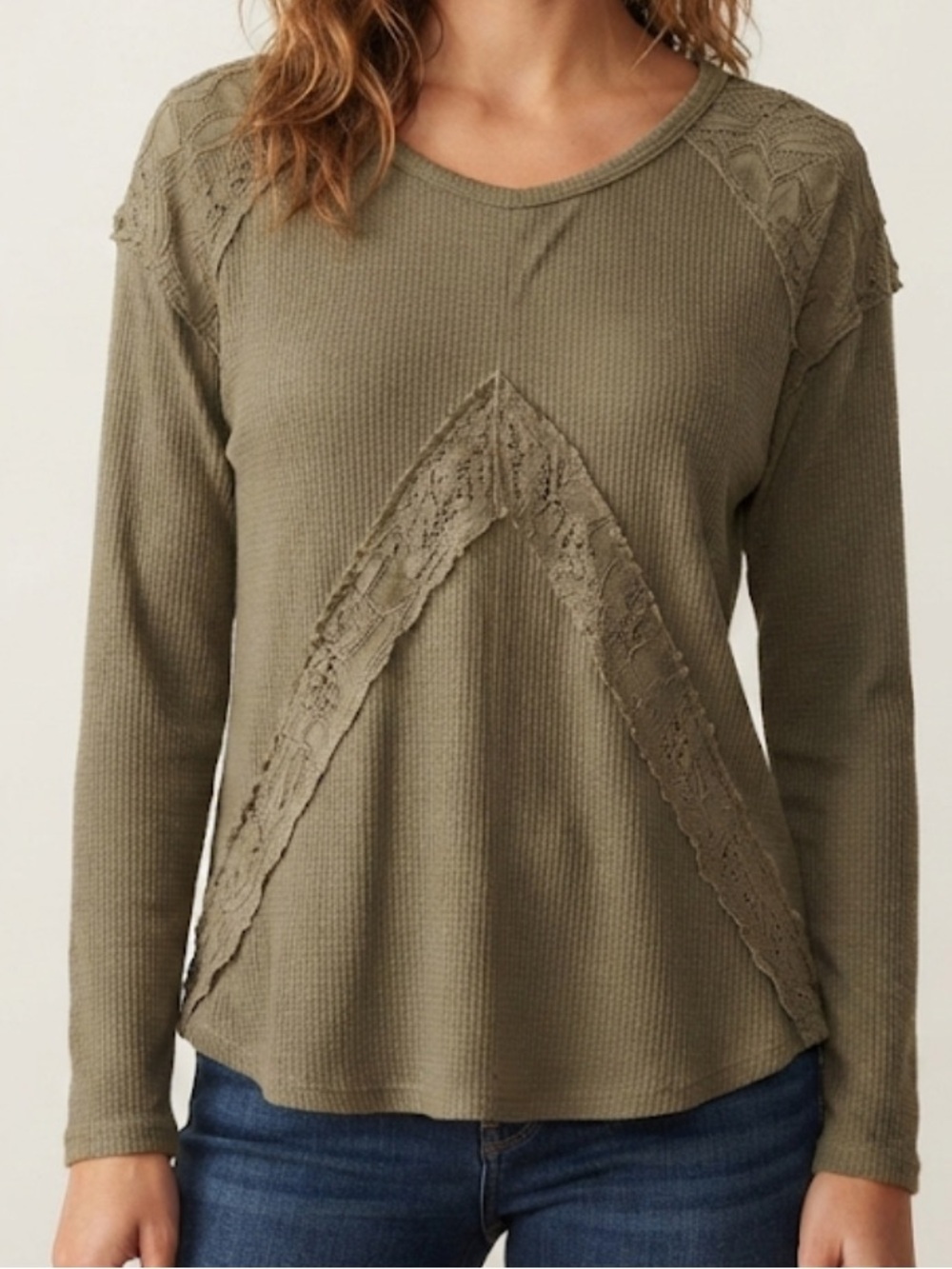 Mossimo Supply Co. Olive Lace-Panel Waffle Long-Sleeve Top Size Large